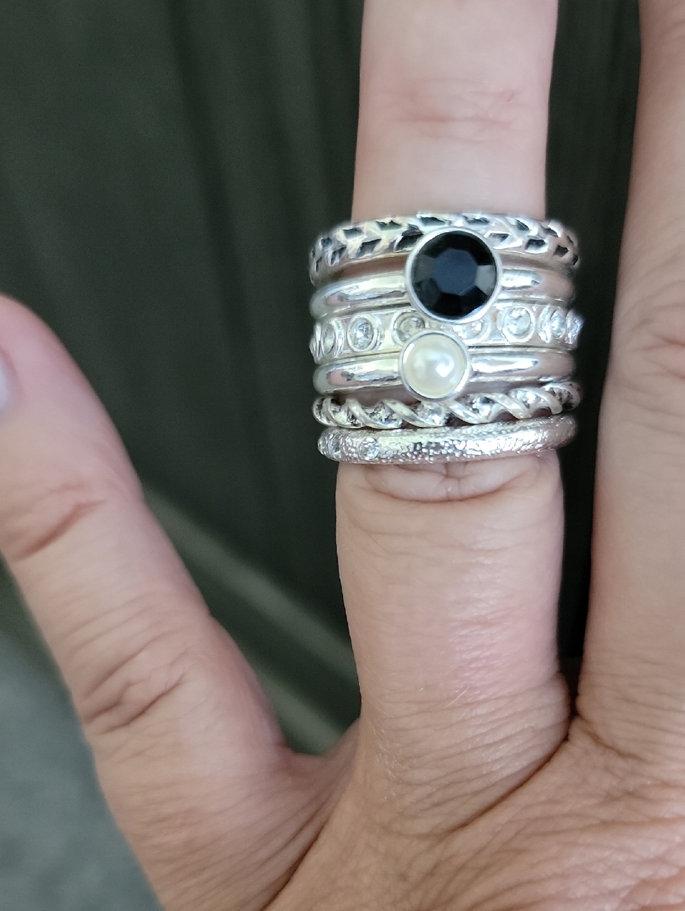 6pc Stackable Ring Set with Black Gem and Pearl Accent